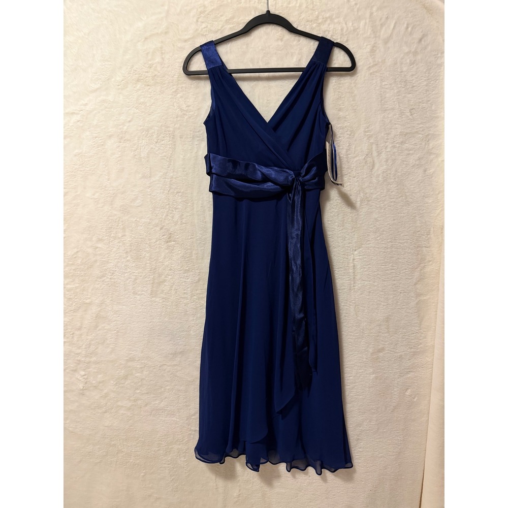 Jones Wear Dress Women 6 NWT Deep Sapphire Blue Chiffon V-Neck Midi Cocktail Tie